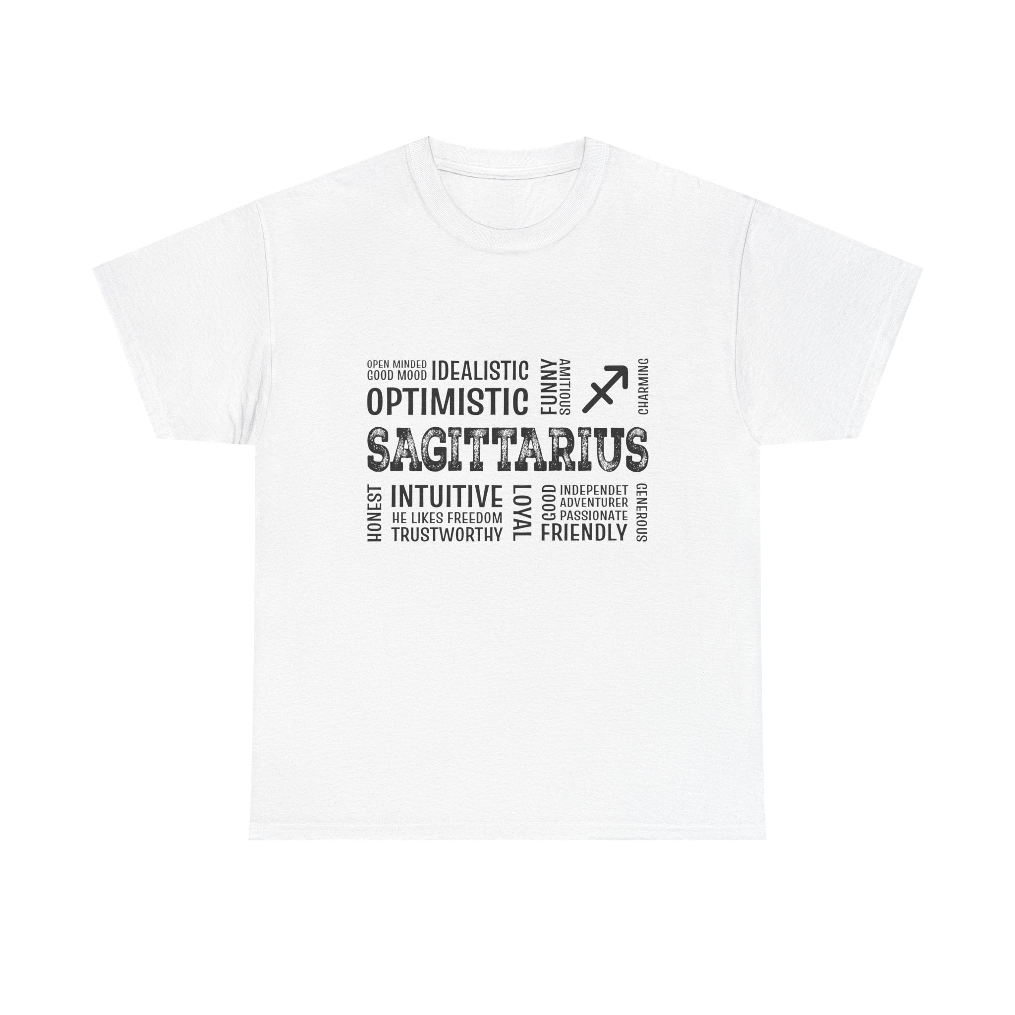 Sagittarius Zodiac T‑Shirt — Word Cloud Traits Tee (Optimistic, Intuitive)