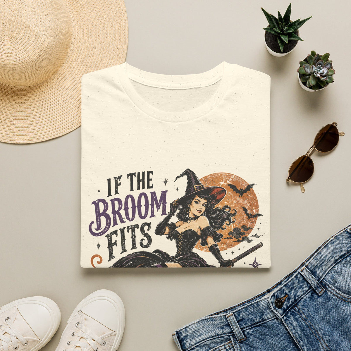 If the Broom Fits Ride It! Witch Graphic T-Shirt