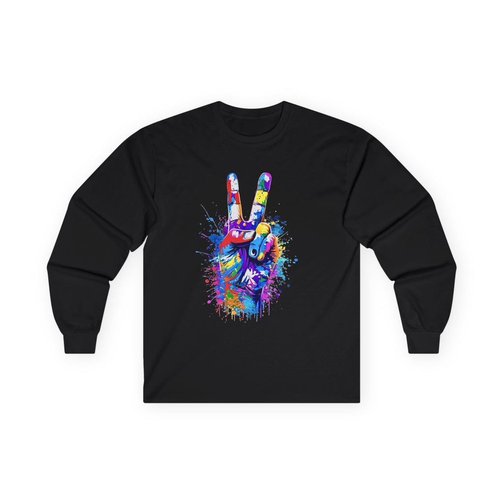 Colorful Peace Sign Long Sleeve Tee — Vibrant Paint-Splash Graphic