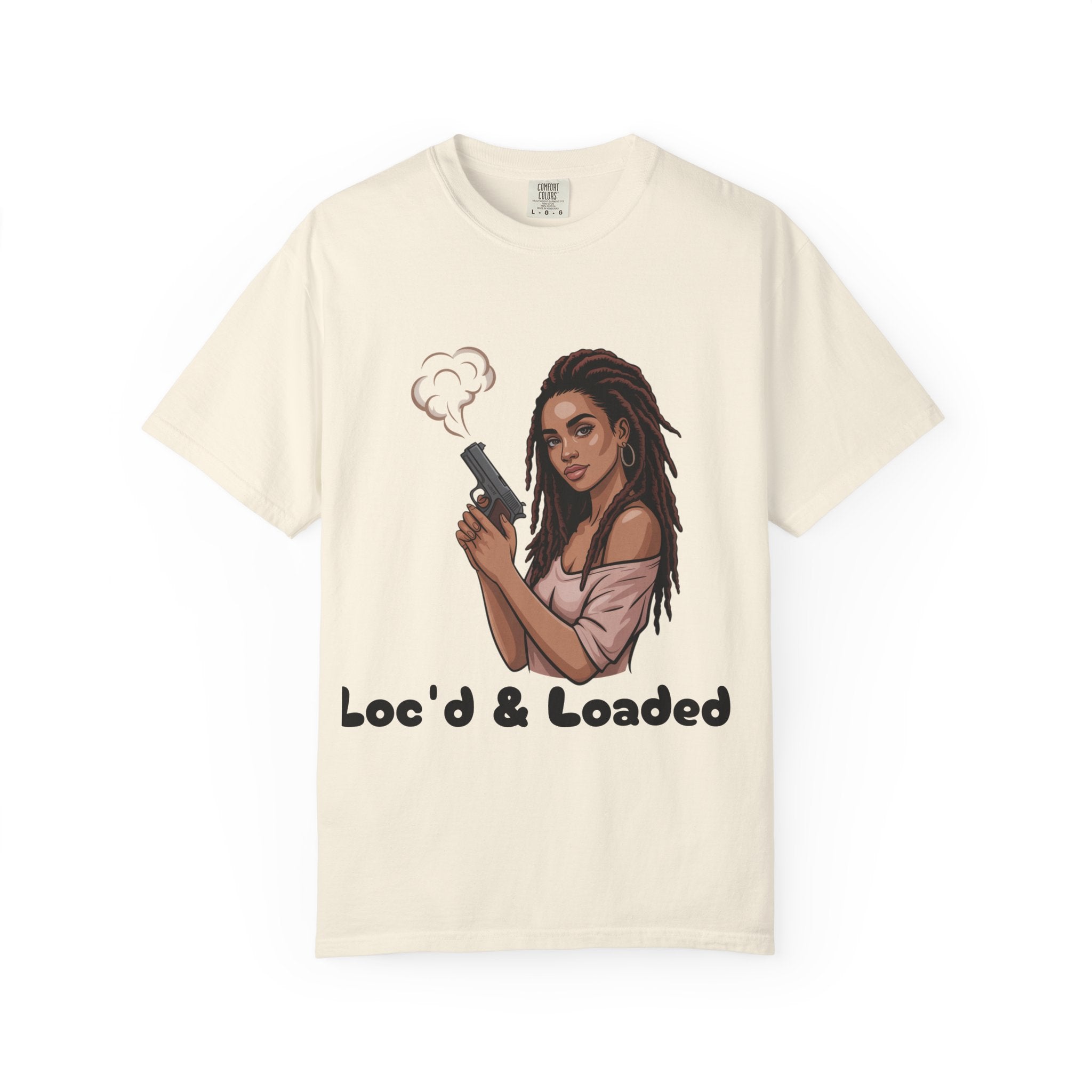 Loc'd & Loaded Graphic T-Shirt — Dreadlock Woman with Gun Illustration