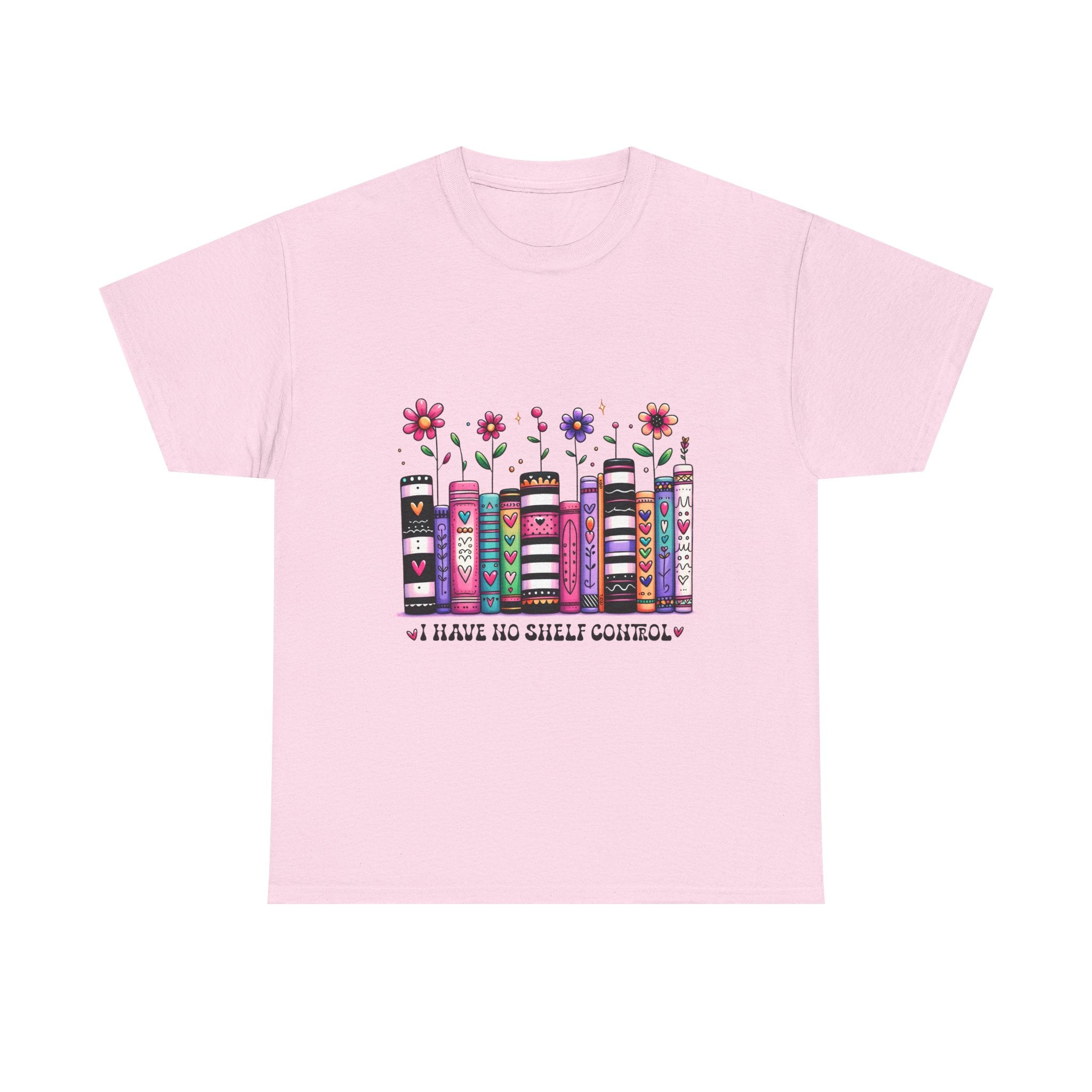 Book Lover T‑Shirt — Floral Stacked Books Graphic with "I Have No Shelf Control"