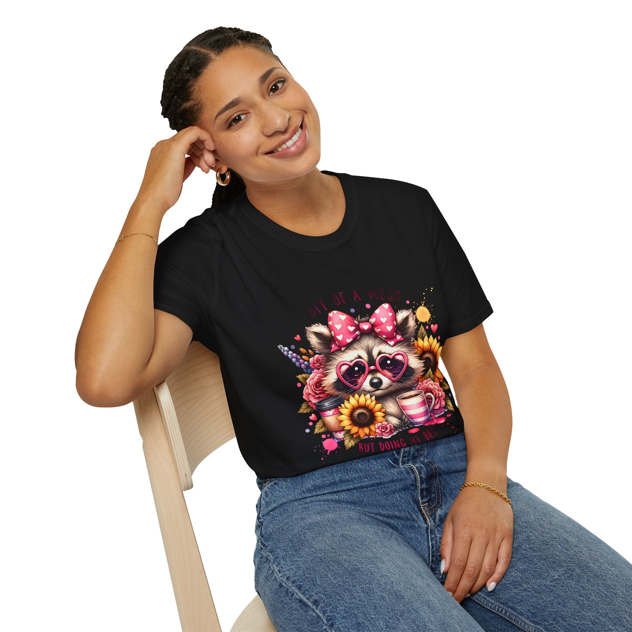 Bit of a Mess Raccoon T-Shirt — "Bit of a Mess but Doing My Best" Cute Sunflower Graphic Tee