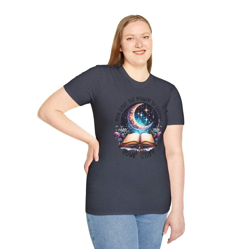 Inspirational Moon Book T-Shirt — "You Have the Power to Change Your Story"