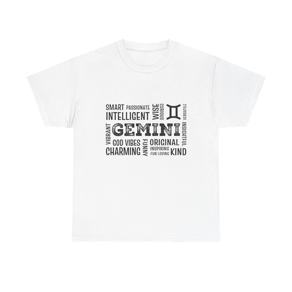 Gemini Zodiac T-Shirt – Word Cloud Traits Tee (Smart, Charming, Intelligent)
