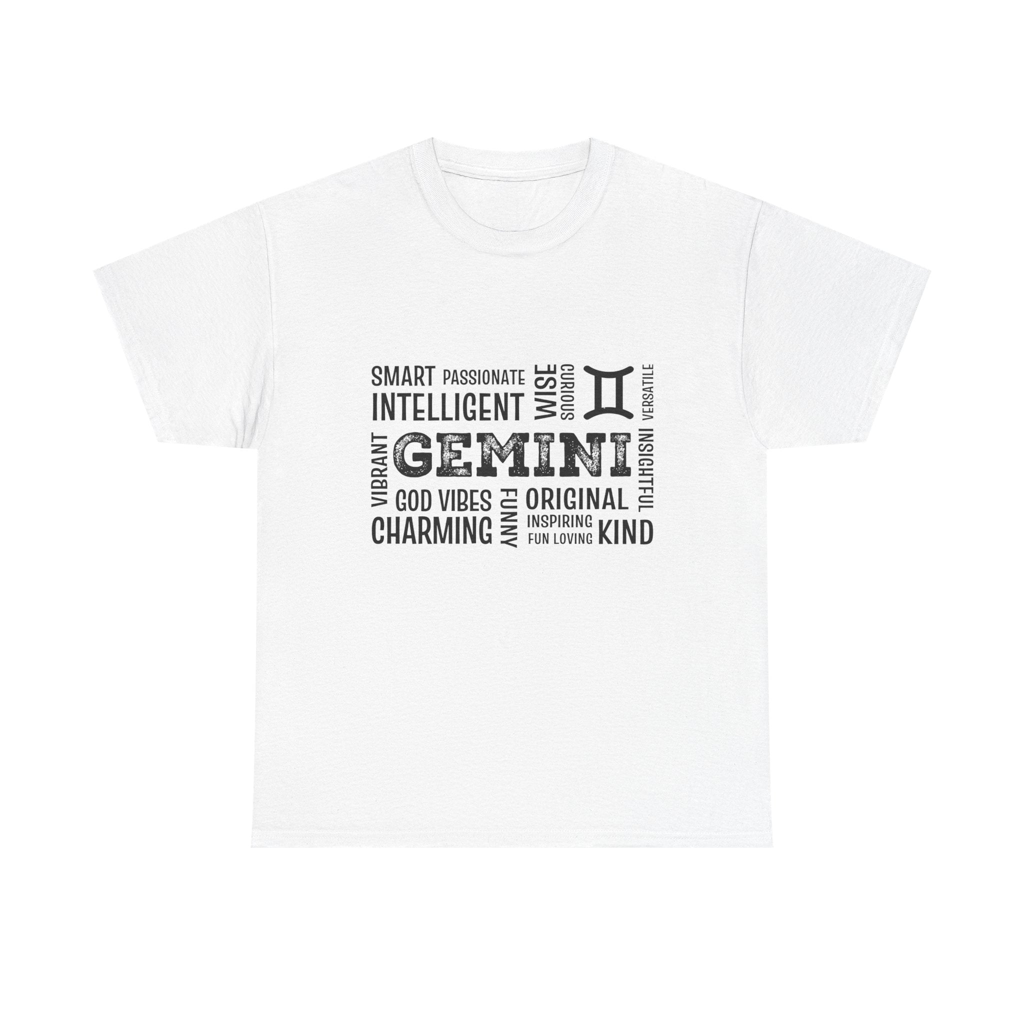 Gemini Zodiac T-Shirt – Word Cloud Traits Tee (Smart, Charming, Intelligent)
