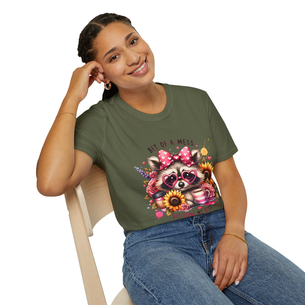 Bit of a Mess Raccoon T-Shirt — "Bit of a Mess but Doing My Best" Cute Sunflower Graphic Tee