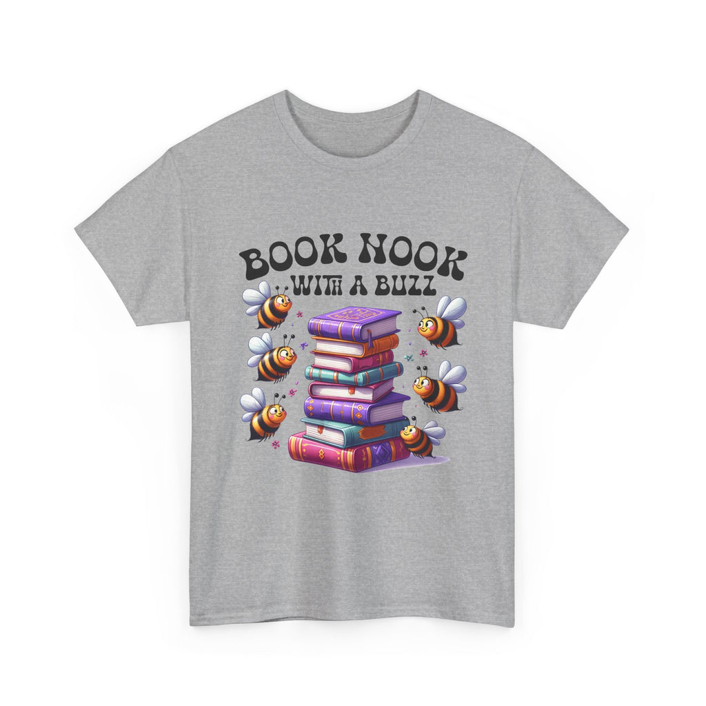 Book Nook with a Buzz T-Shirt – Cute Bee & Stack of Books Graphic Tee for Readers
