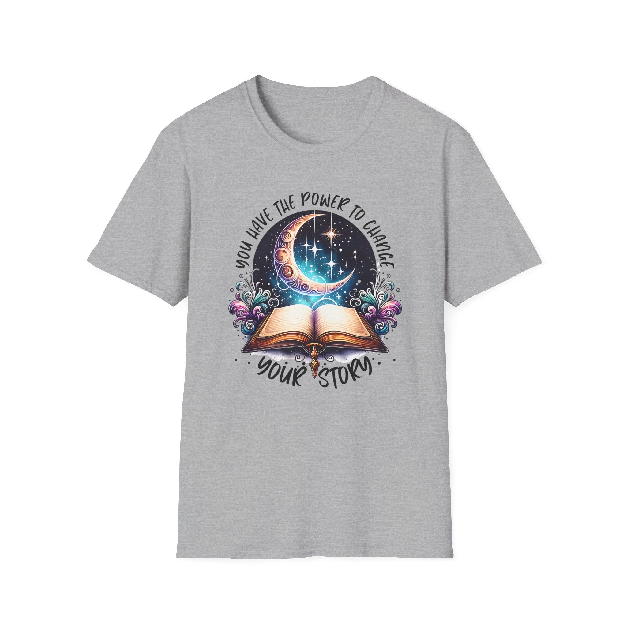 Inspirational Moon Book T-Shirt — "You Have the Power to Change Your Story"