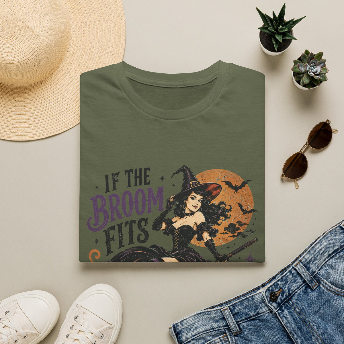 If the Broom Fits Ride It! Witch Graphic T-Shirt