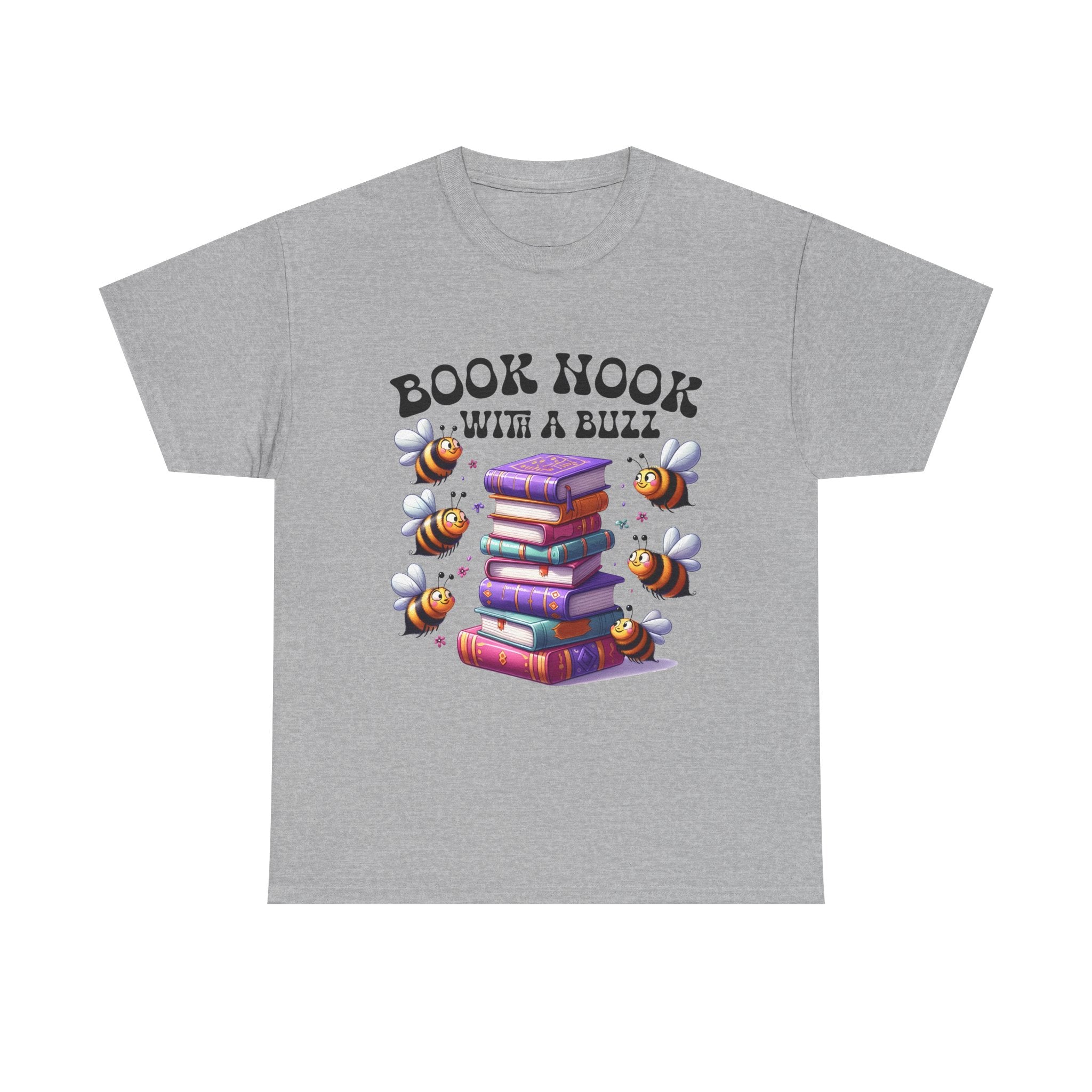 Book Nook with a Buzz T-Shirt – Cute Bee & Stack of Books Graphic Tee for Readers