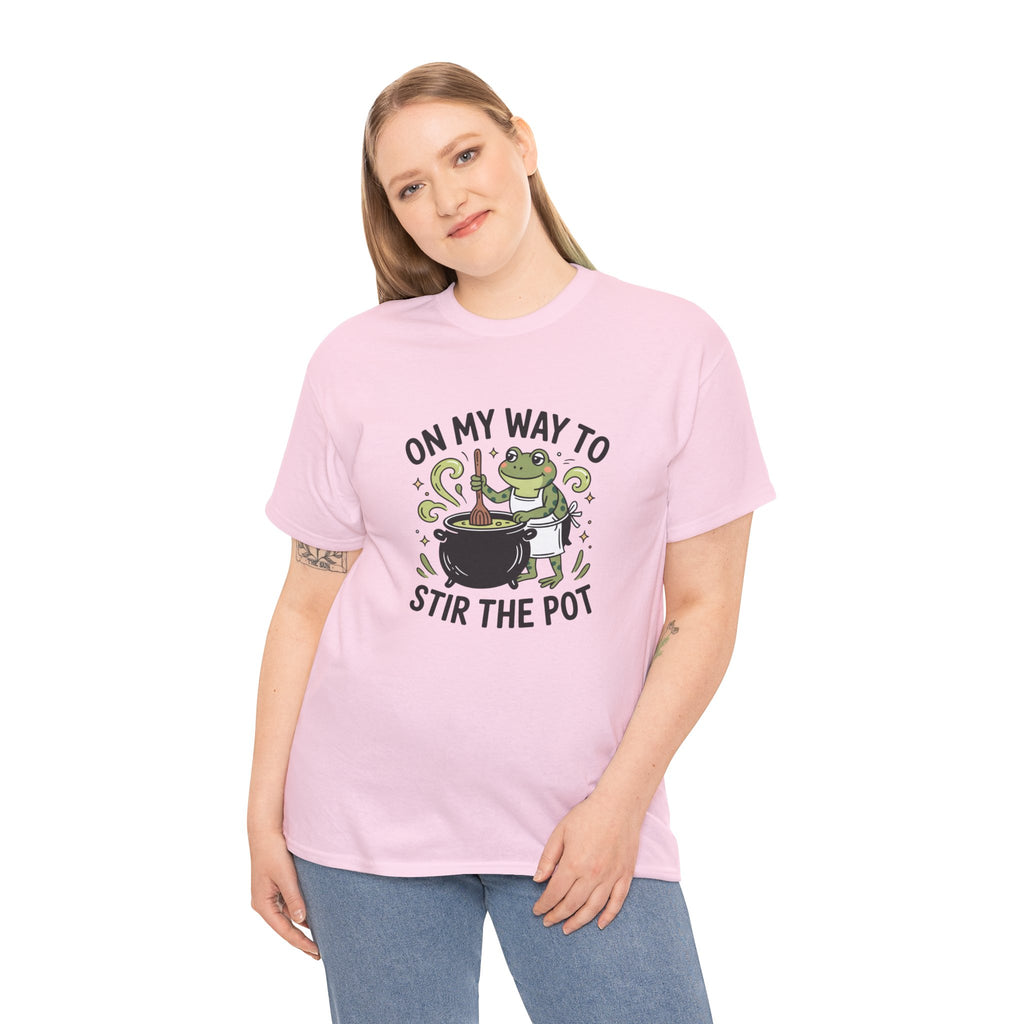 T-Shirt — "On My Way to Stir the Pot" Frog Cauldron Funny Tee
