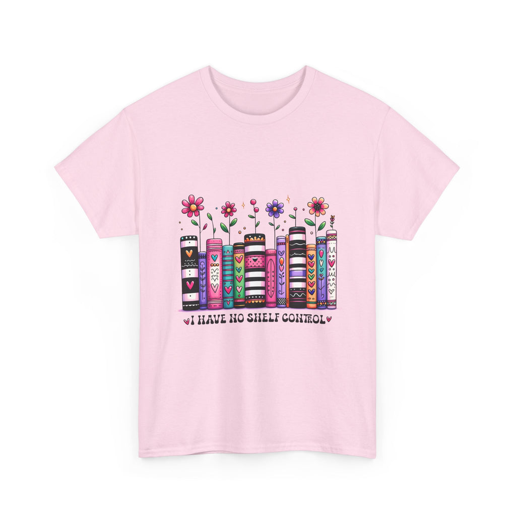 Book Lover T‑Shirt — Floral Stacked Books Graphic with "I Have No Shelf Control"