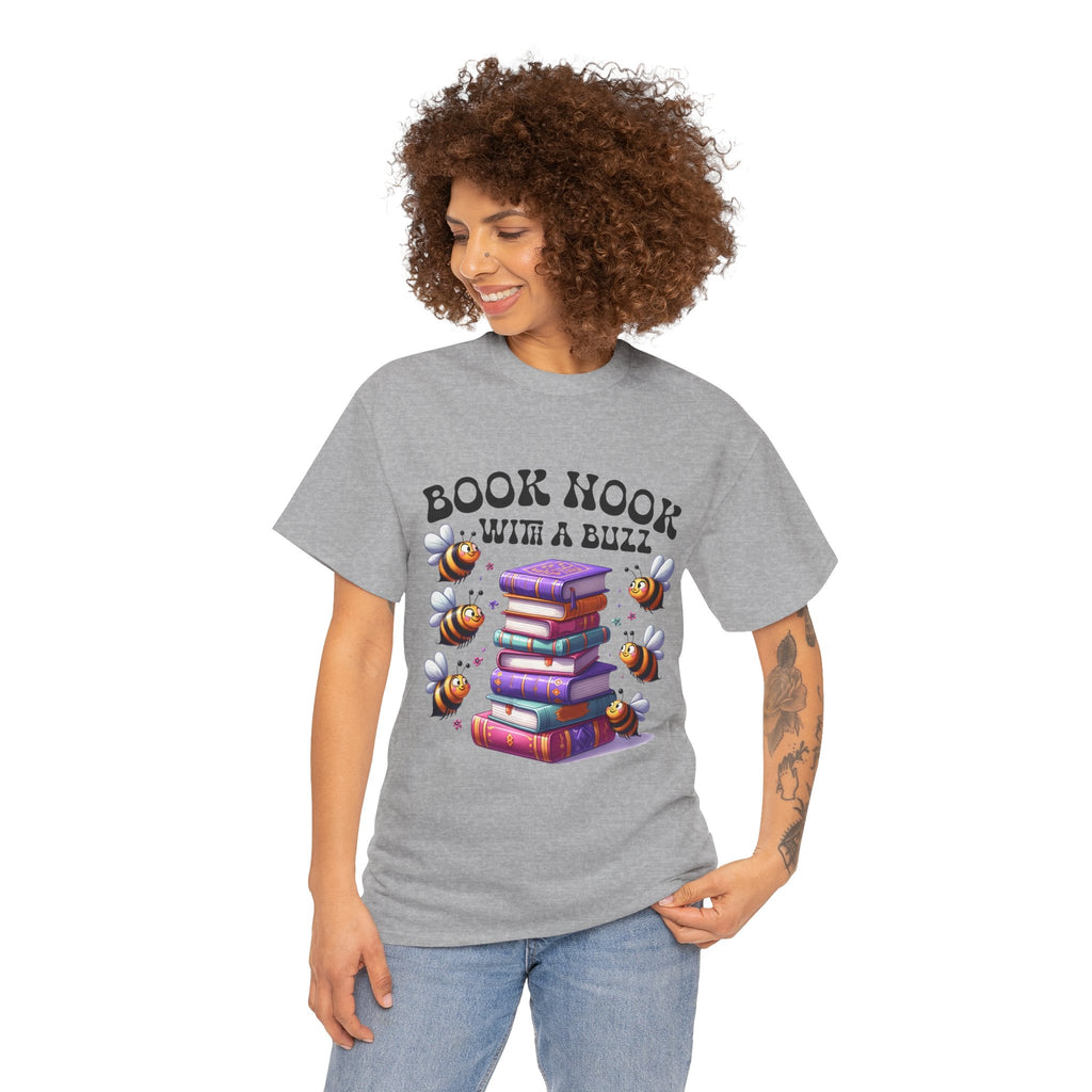 Book Nook with a Buzz T-Shirt – Cute Bee & Stack of Books Graphic Tee for Readers