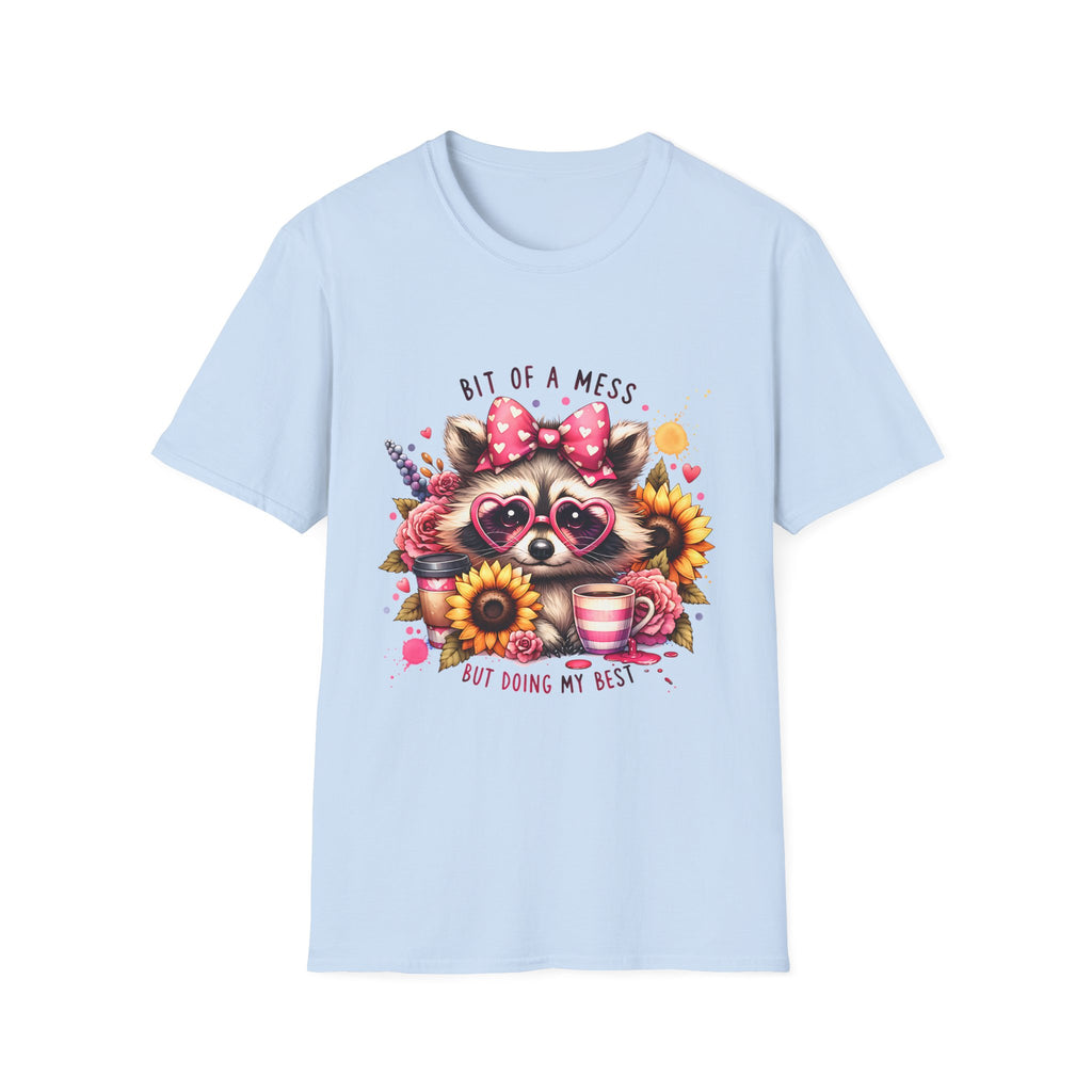 Bit of a Mess Raccoon T-Shirt — "Bit of a Mess but Doing My Best" Cute Sunflower Graphic Tee