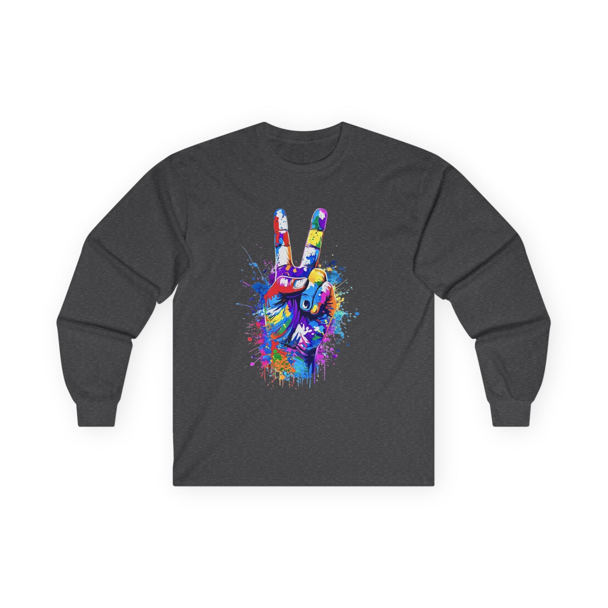 Colorful Peace Sign Long Sleeve Tee — Vibrant Paint-Splash Graphic