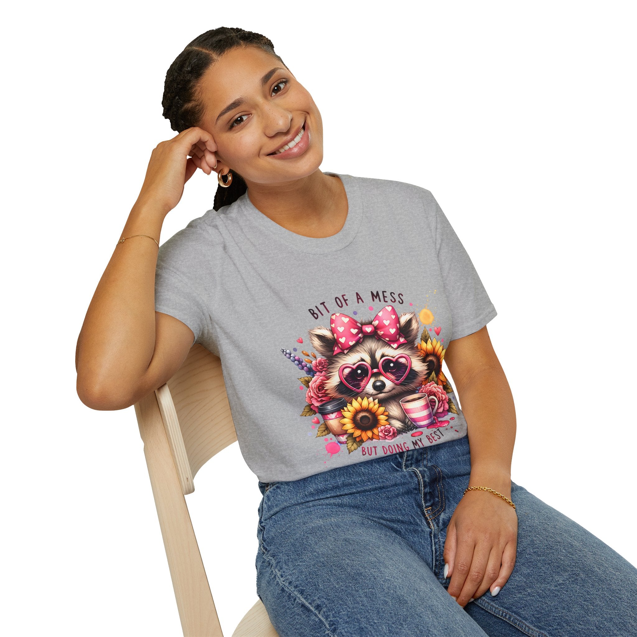 Bit of a Mess Raccoon T-Shirt — "Bit of a Mess but Doing My Best" Cute Sunflower Graphic Tee