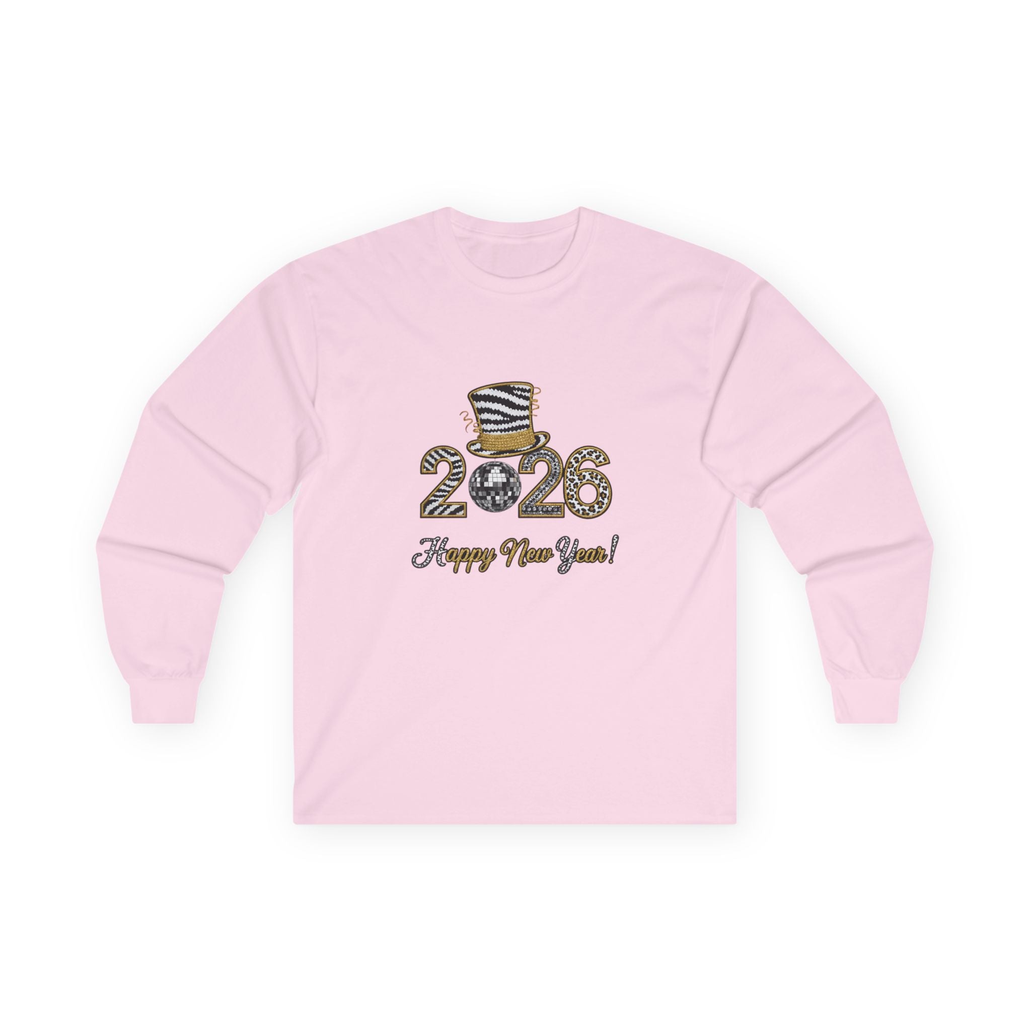 2026 Happy New Year Long Sleeve Tee – Festive Leopard Party Hat Design