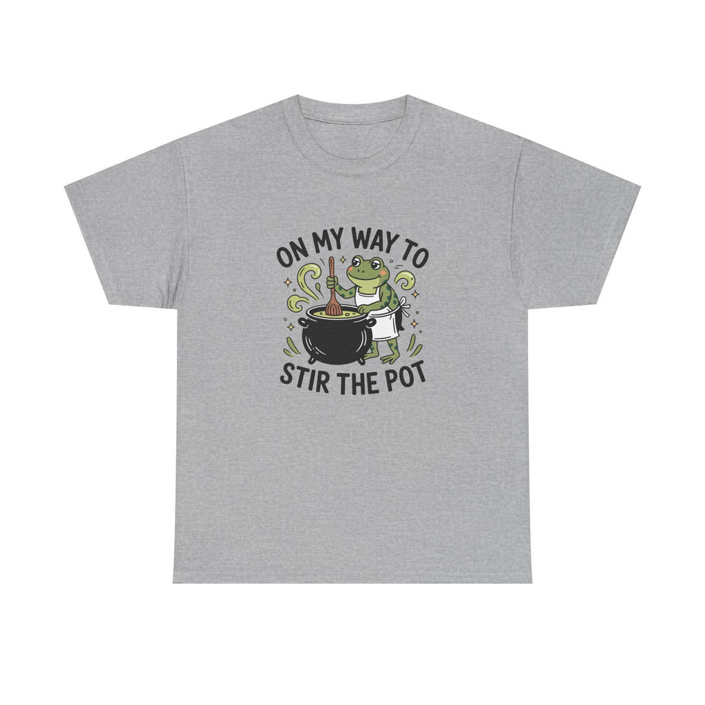 T-Shirt — "On My Way to Stir the Pot" Frog Cauldron Funny Tee