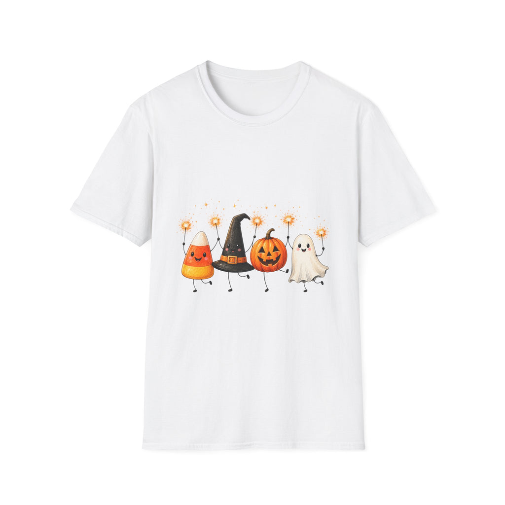 Halloween Friends T-Shirt — Cute Candy Corn, Pumpkin, Witch Hat & Ghost Graphic