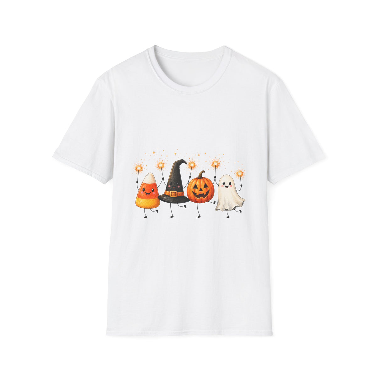 Halloween Friends T-Shirt — Cute Candy Corn, Pumpkin, Witch Hat & Ghost Graphic