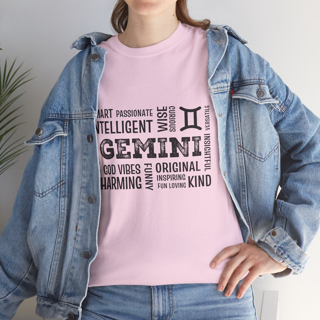 Gemini Zodiac T-Shirt – Word Cloud Traits Tee (Smart, Charming, Intelligent)