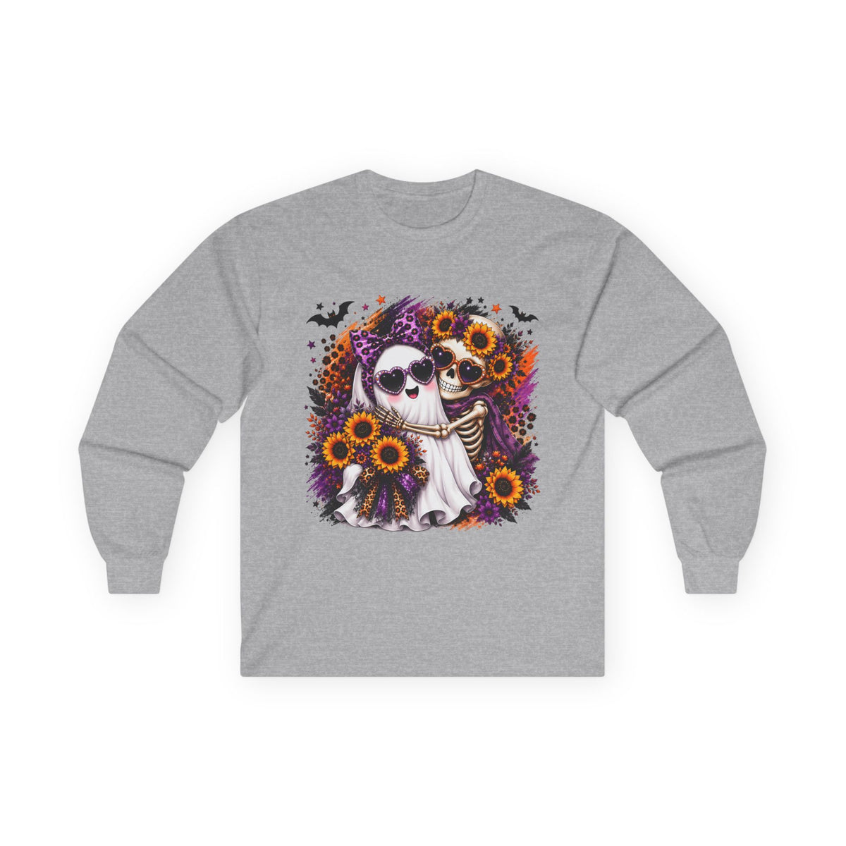 Long Sleeve Tee — Skeleton Couple with Sunflowers Halloween / Day of the Dead Shirt