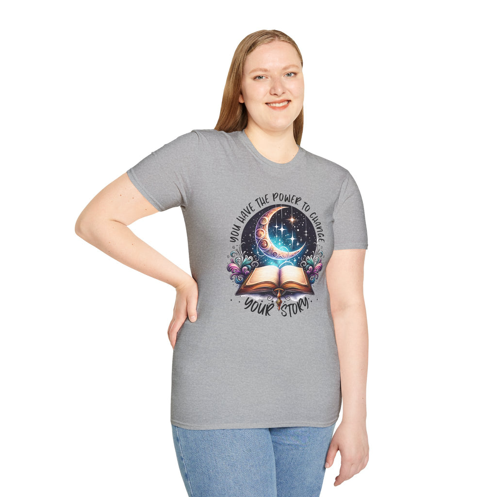 Inspirational Moon Book T-Shirt — "You Have the Power to Change Your Story"