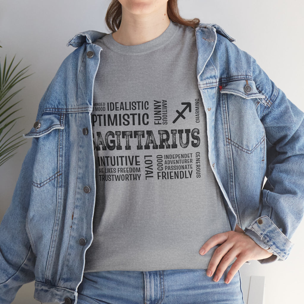 Sagittarius Zodiac T‑Shirt — Word Cloud Traits Tee (Optimistic, Intuitive)