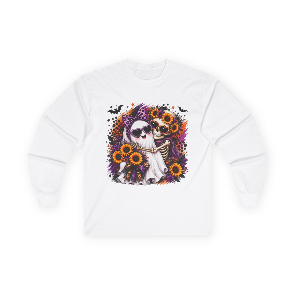 Long Sleeve Tee — Skeleton Couple with Sunflowers Halloween / Day of the Dead Shirt