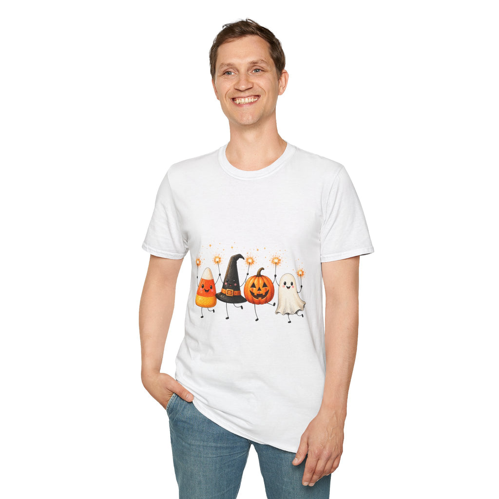 Halloween Friends T-Shirt — Cute Candy Corn, Pumpkin, Witch Hat & Ghost Graphic