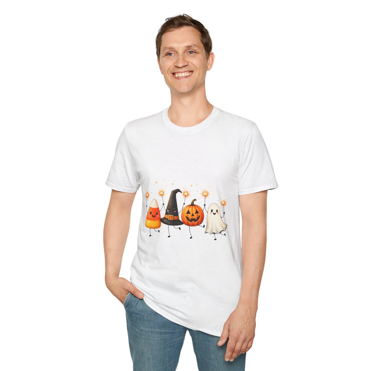 Halloween Friends T-Shirt — Cute Candy Corn, Pumpkin, Witch Hat & Ghost Graphic