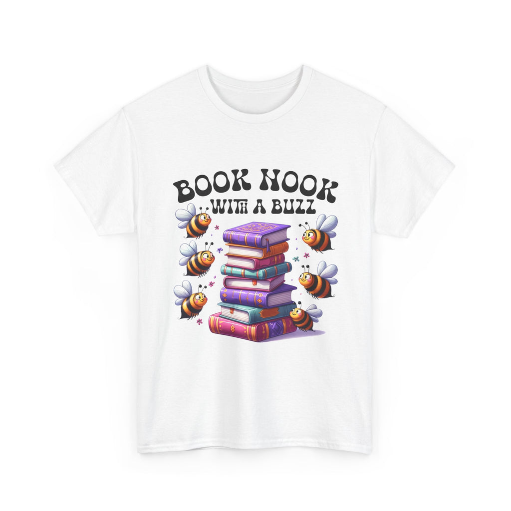 Book Nook with a Buzz T-Shirt – Cute Bee & Stack of Books Graphic Tee for Readers