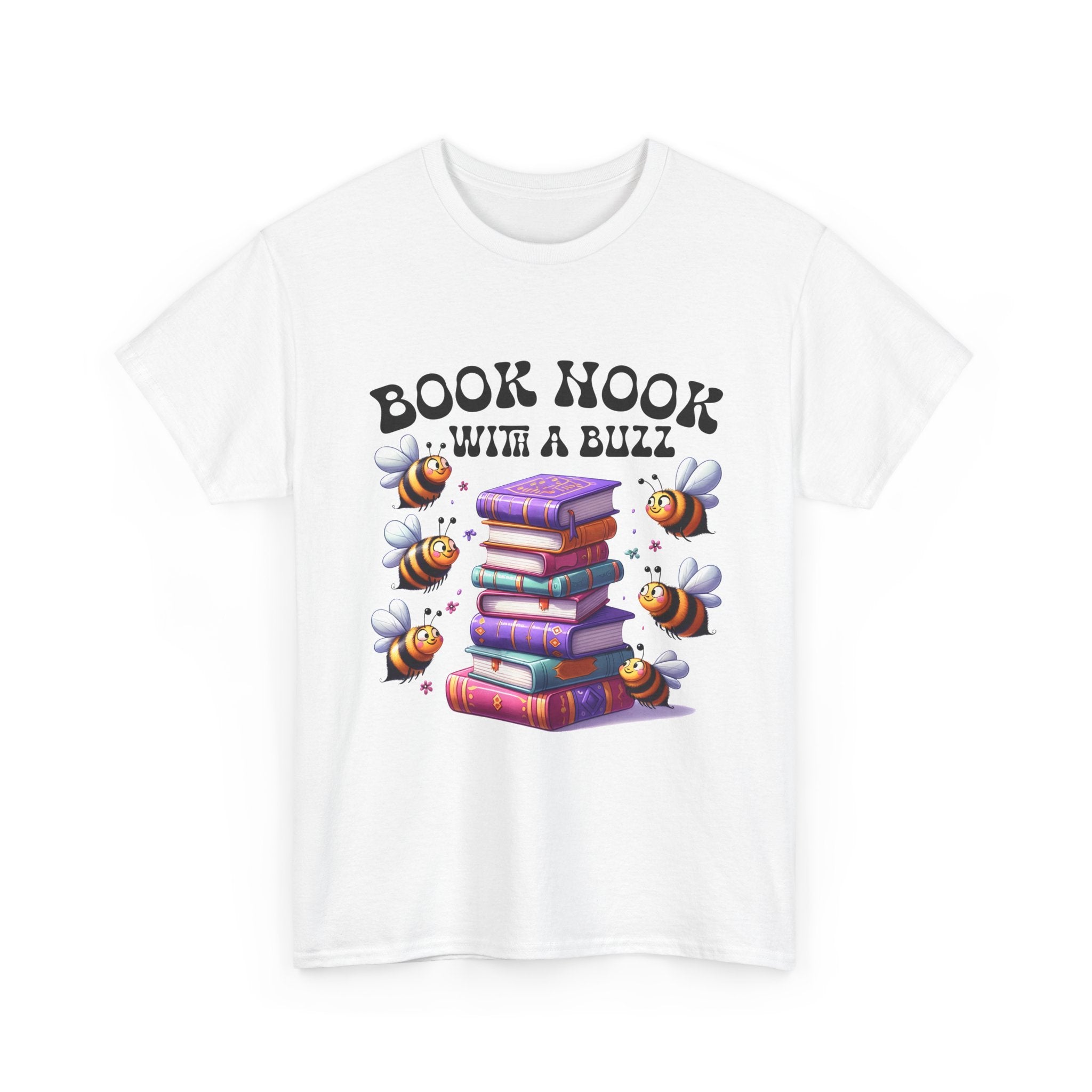 Book Nook with a Buzz T-Shirt – Cute Bee & Stack of Books Graphic Tee for Readers