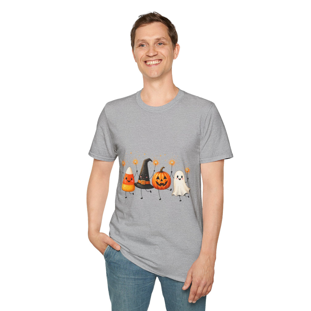 Halloween Friends T-Shirt — Cute Candy Corn, Pumpkin, Witch Hat & Ghost Graphic