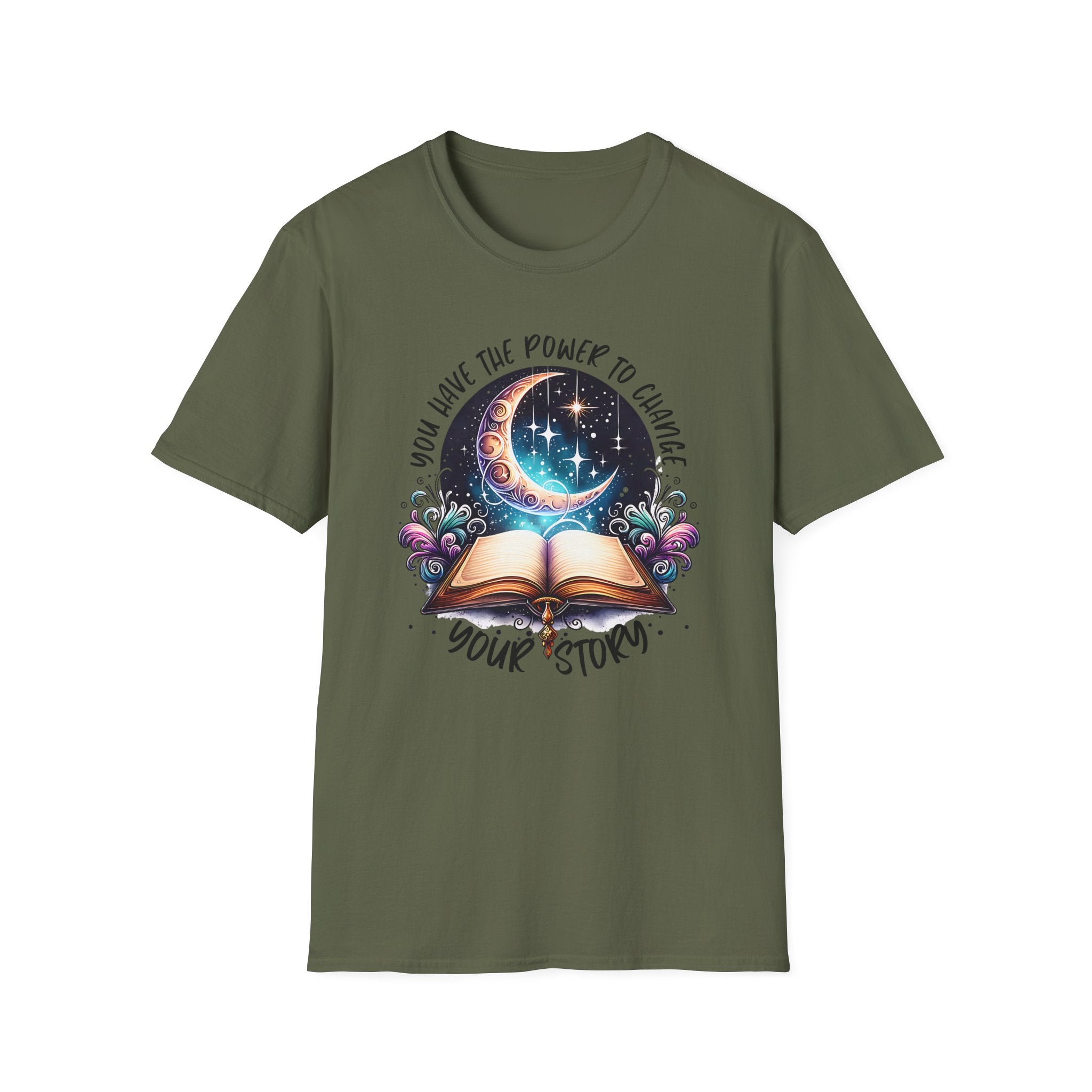 Inspirational Moon Book T-Shirt — "You Have the Power to Change Your Story"
