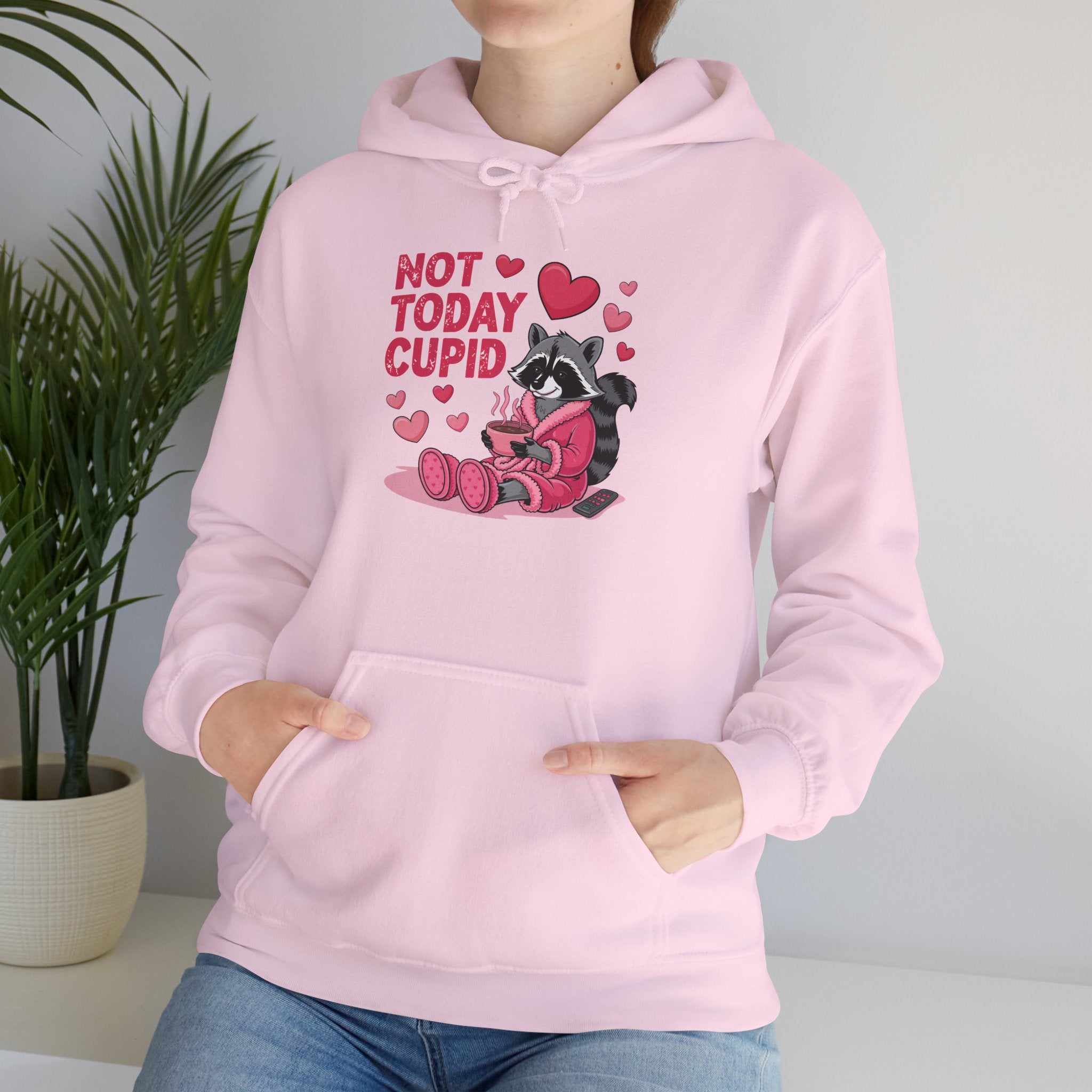 Not Today Cupid Hoodie — Funny Anti-Valentine’s Raccoon Sweatshirt
