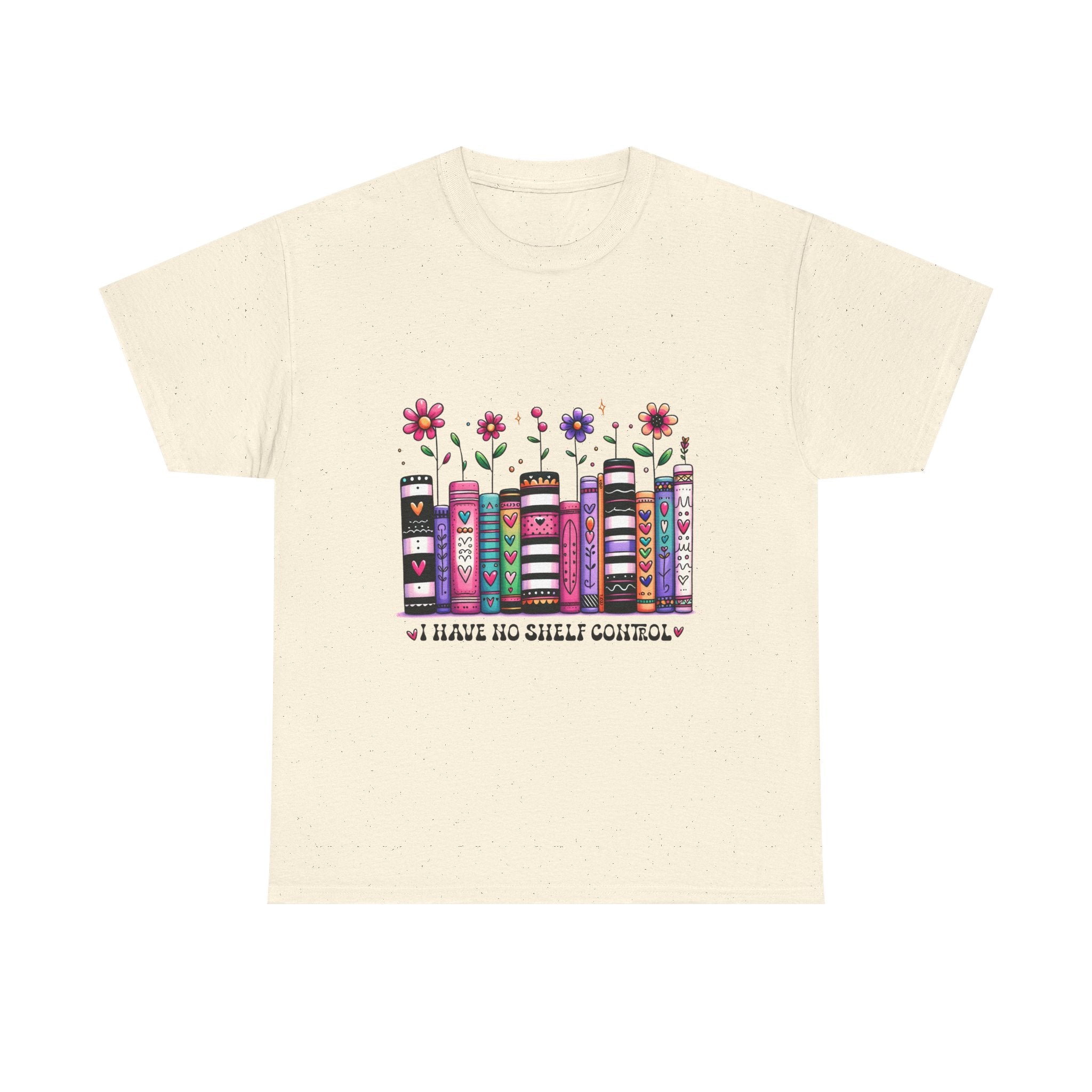 Book Lover T‑Shirt — Floral Stacked Books Graphic with "I Have No Shelf Control"