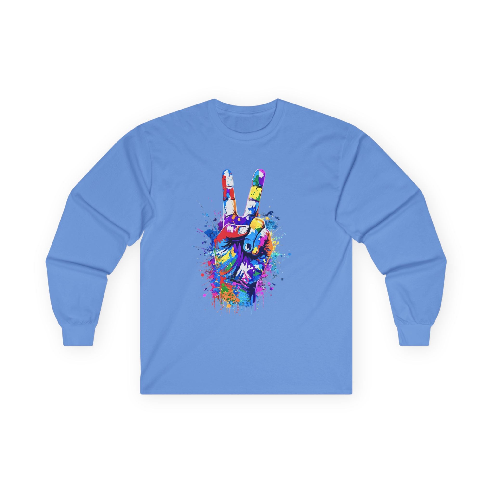 Colorful Peace Sign Long Sleeve Tee — Vibrant Paint-Splash Graphic