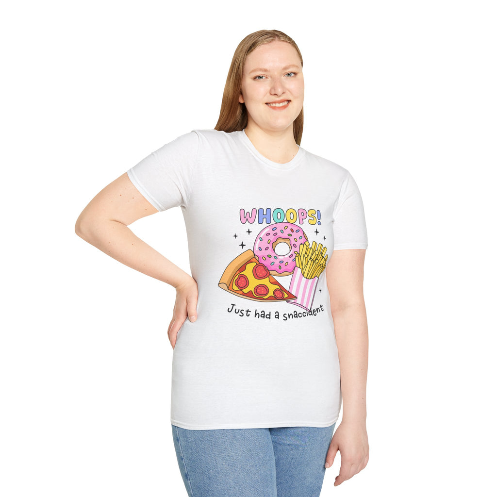 Snackcident T-Shirt — Cute Donut, Pizza & Fries Graphic Tee (“Whoops! Just had a snackcident”)