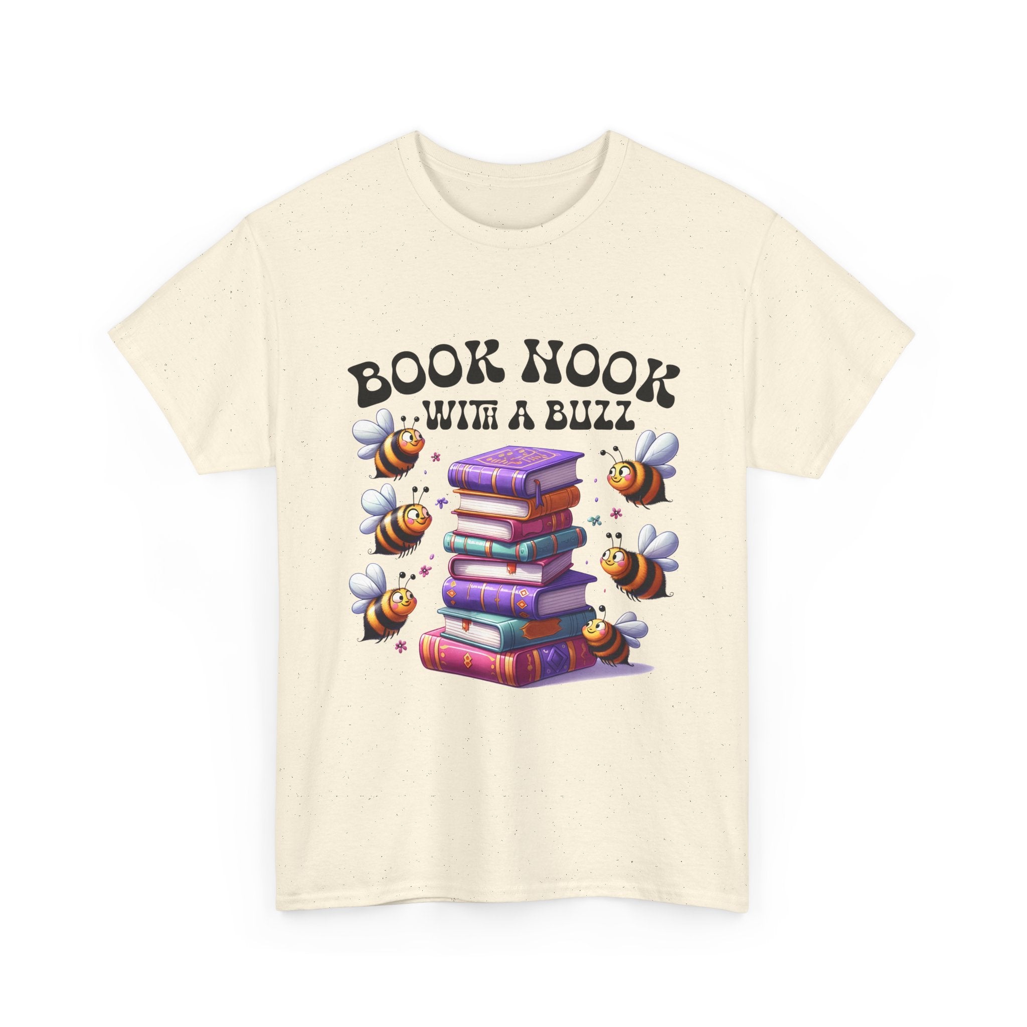Book Nook with a Buzz T-Shirt – Cute Bee & Stack of Books Graphic Tee for Readers