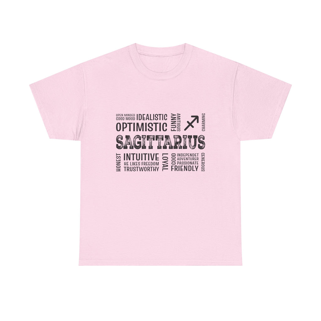 Sagittarius Zodiac T‑Shirt — Word Cloud Traits Tee (Optimistic, Intuitive)