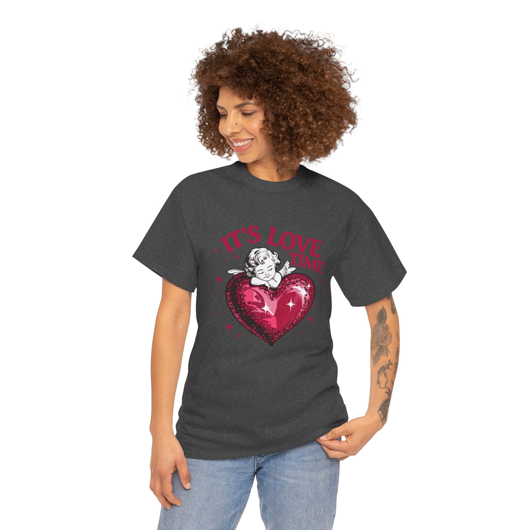Valentine Angel Heart Tee — "It's Love Time" Graphic T-Shirt