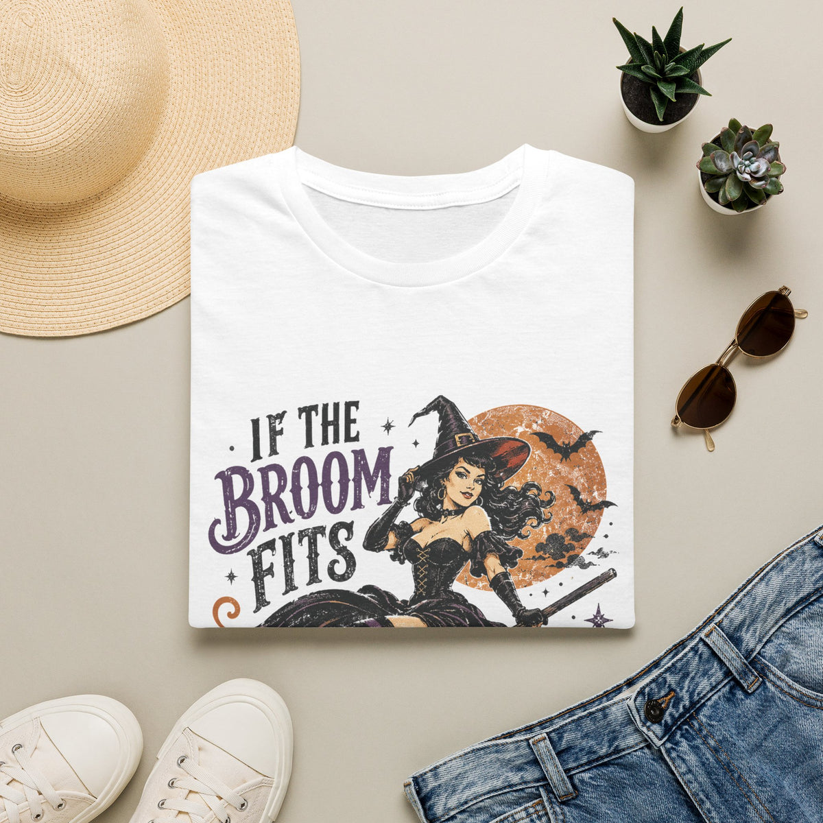 If the Broom Fits Ride It! Witch Graphic T-Shirt