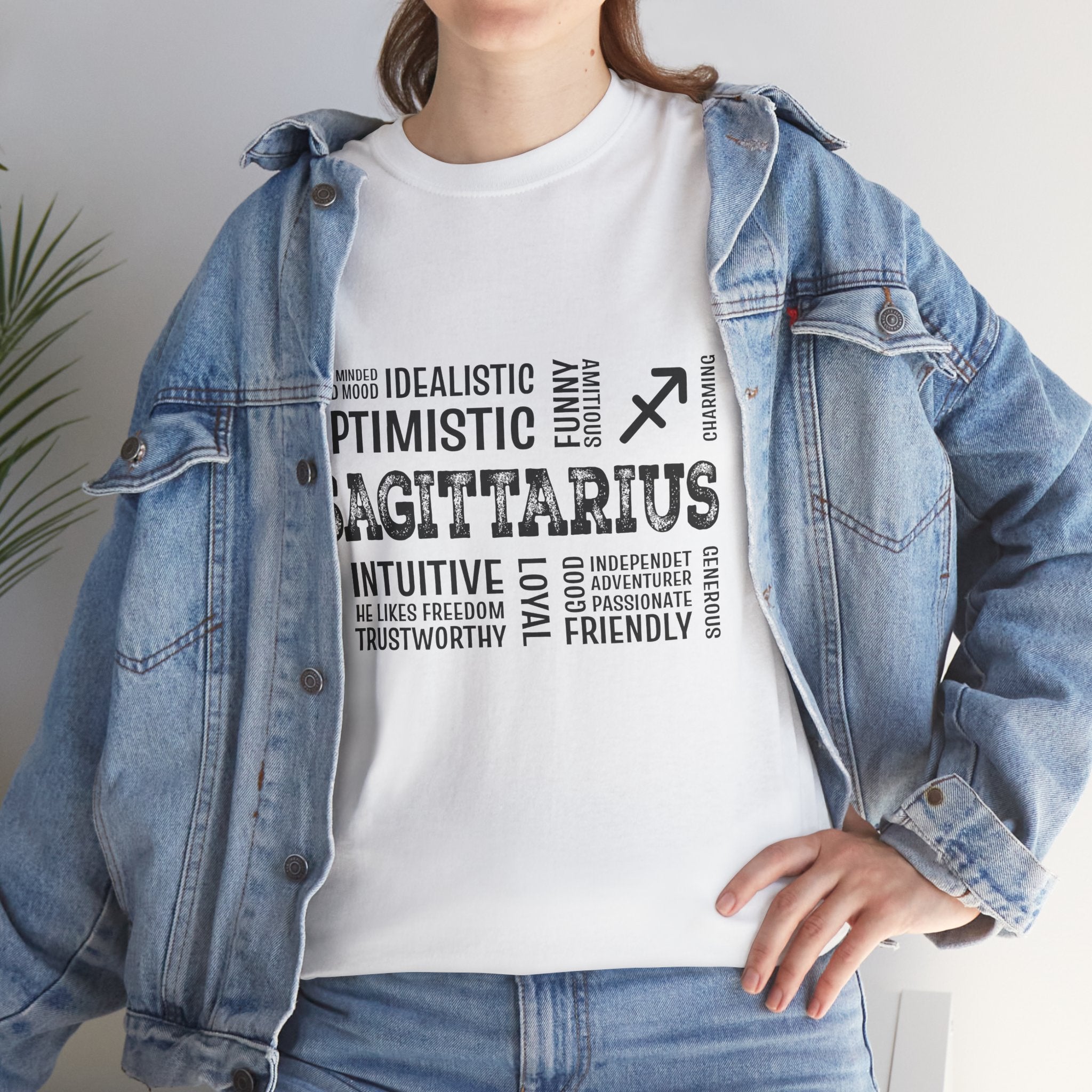 Sagittarius Zodiac T‑Shirt — Word Cloud Traits Tee (Optimistic, Intuitive)