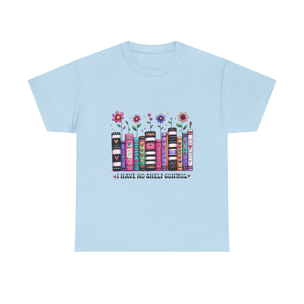 Book Lover T‑Shirt — Floral Stacked Books Graphic with "I Have No Shelf Control"