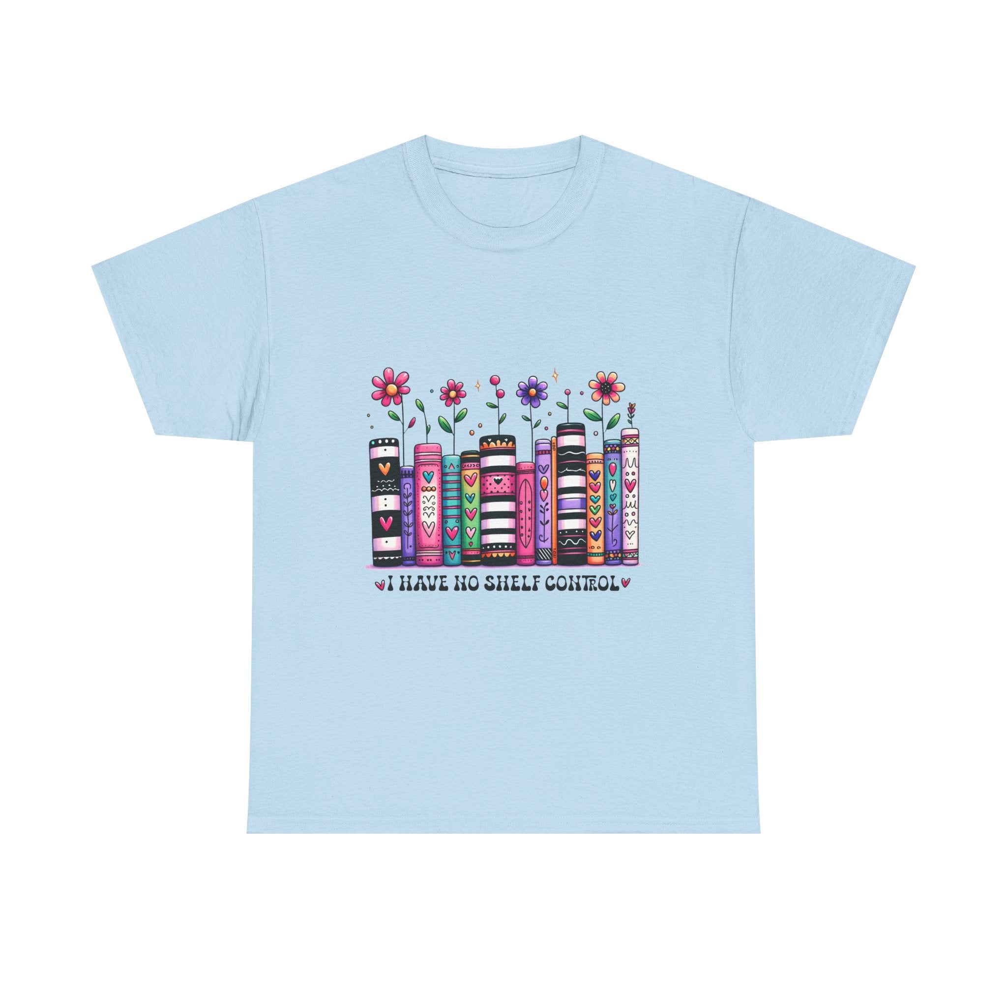 Book Lover T‑Shirt — Floral Stacked Books Graphic with "I Have No Shelf Control"