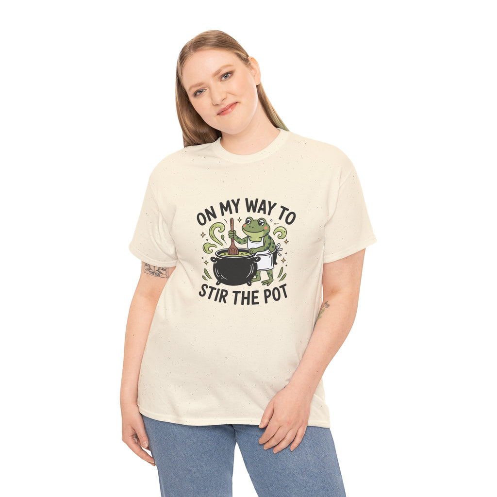 T-Shirt — "On My Way to Stir the Pot" Frog Cauldron Funny Tee