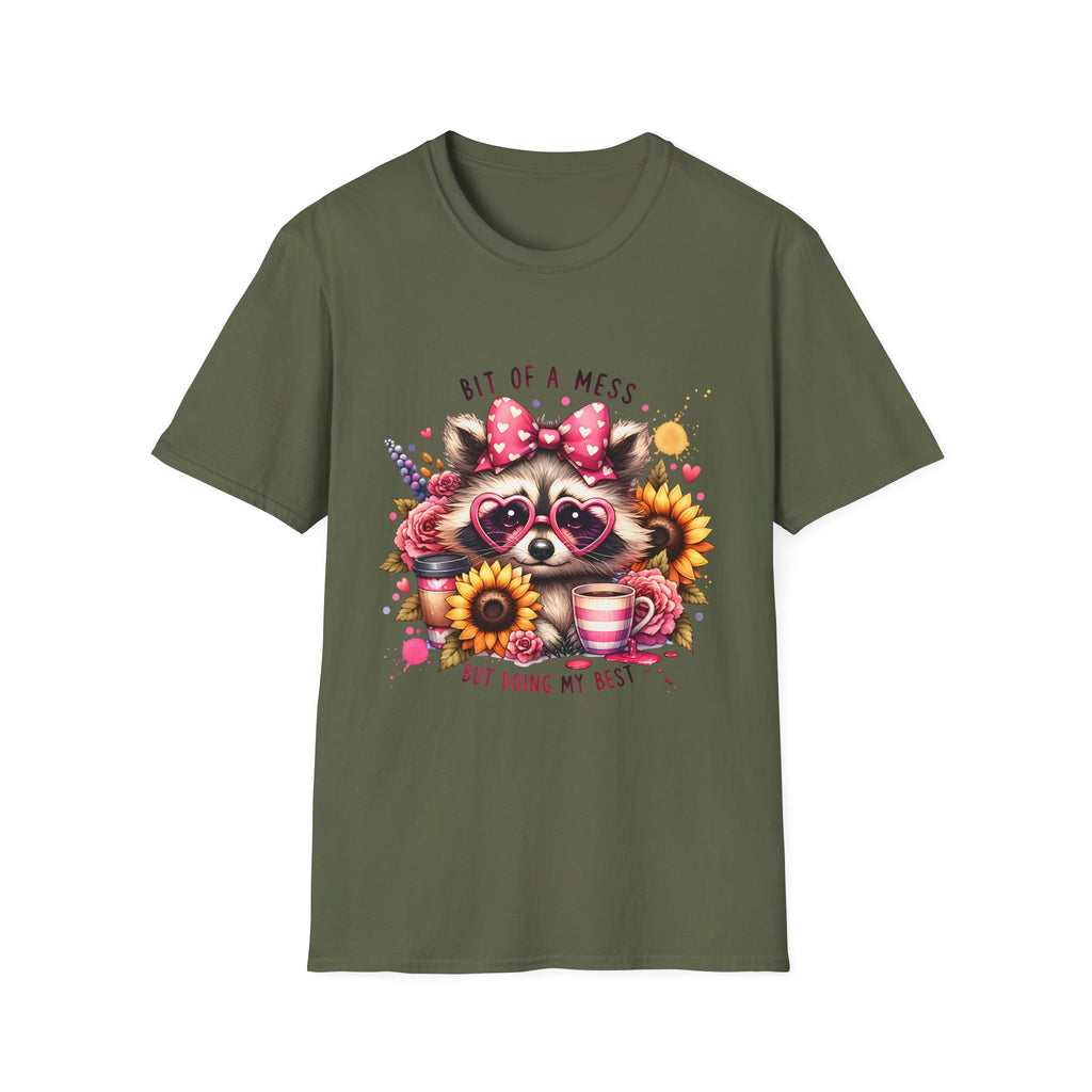 Bit of a Mess Raccoon T-Shirt — "Bit of a Mess but Doing My Best" Cute Sunflower Graphic Tee