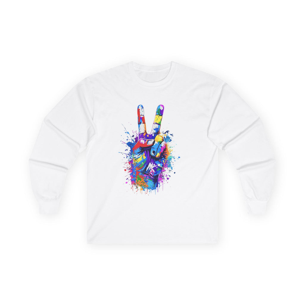 Colorful Peace Sign Long Sleeve Tee — Vibrant Paint-Splash Graphic