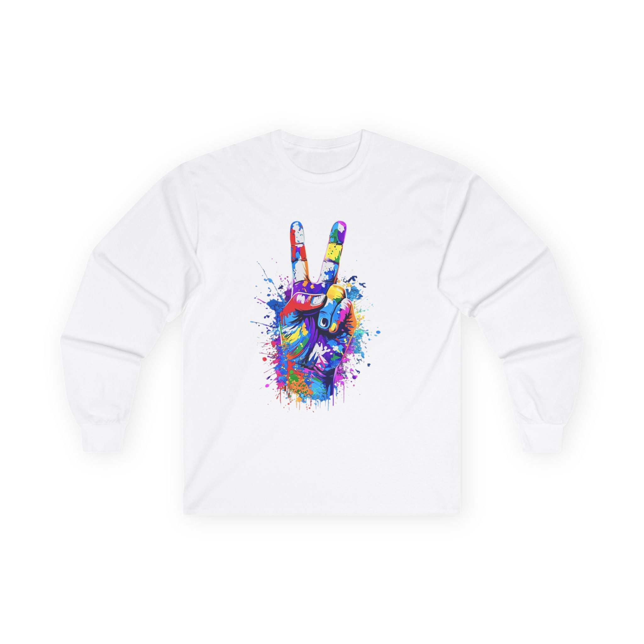Colorful Peace Sign Long Sleeve Tee — Vibrant Paint-Splash Graphic